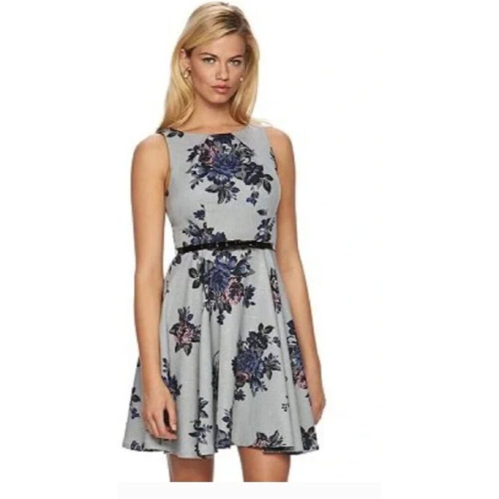 Elle Dress Sleeveless Gray Black Floral Print With Belt Size 12